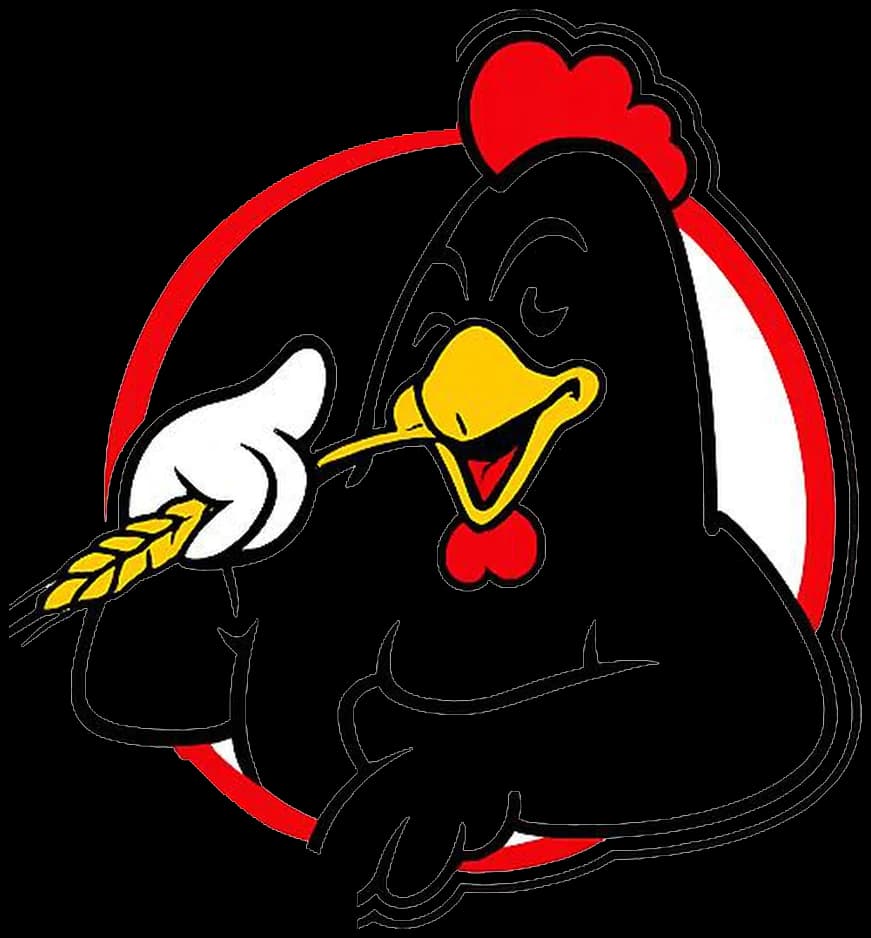 Маскотата на Chicken House — насмеано пиле со стебло жито